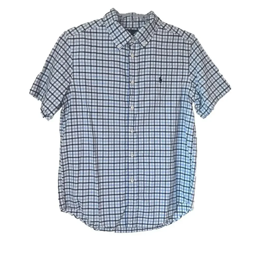 Ralph Lauren Shirt Boys Large 14-16 Blue White Plaid Button Down Cotton Comfort